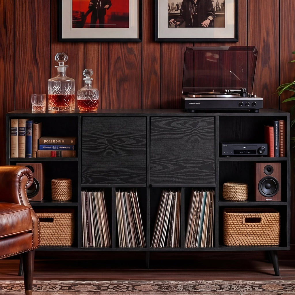 Record Player Stand with Charging Station, 55" Holds 450+ Albums