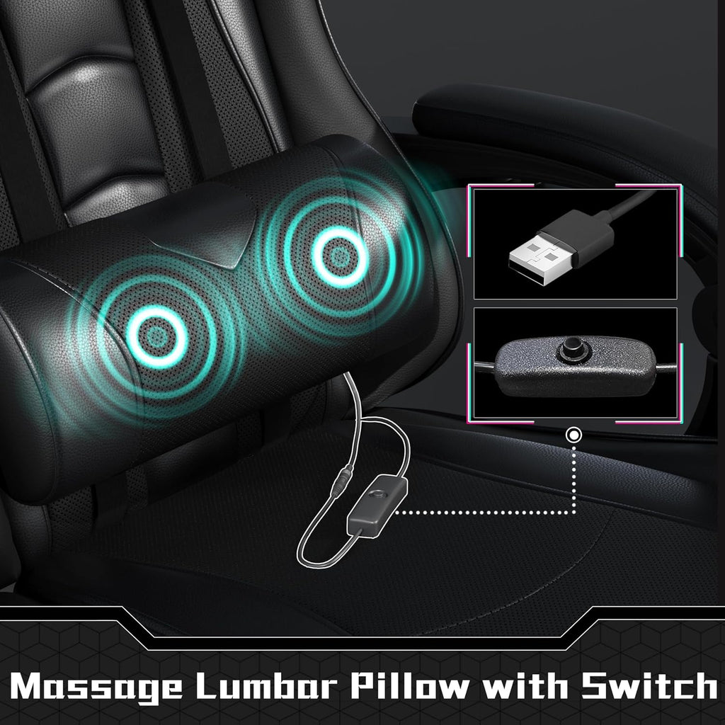 Gaming Chair with Footrest Massage Lumbar Pillow Reclining Black | Foam-padded PU leather racing seat and plush