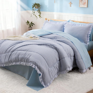 Blue Plaid Ruffle Comforter Sets 5Pcs Bedding
