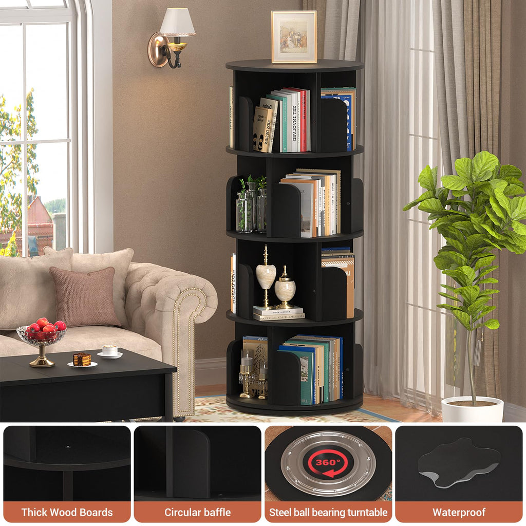 Rotating Bookshelf, 4 Tier Wood Spinning Bookcase Tower, Black