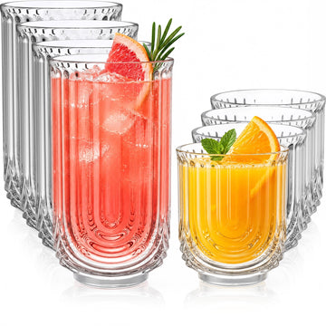 Ribbed Art Deco Drinking Glasses Set, 12oz&14oz Cocktail Glassware