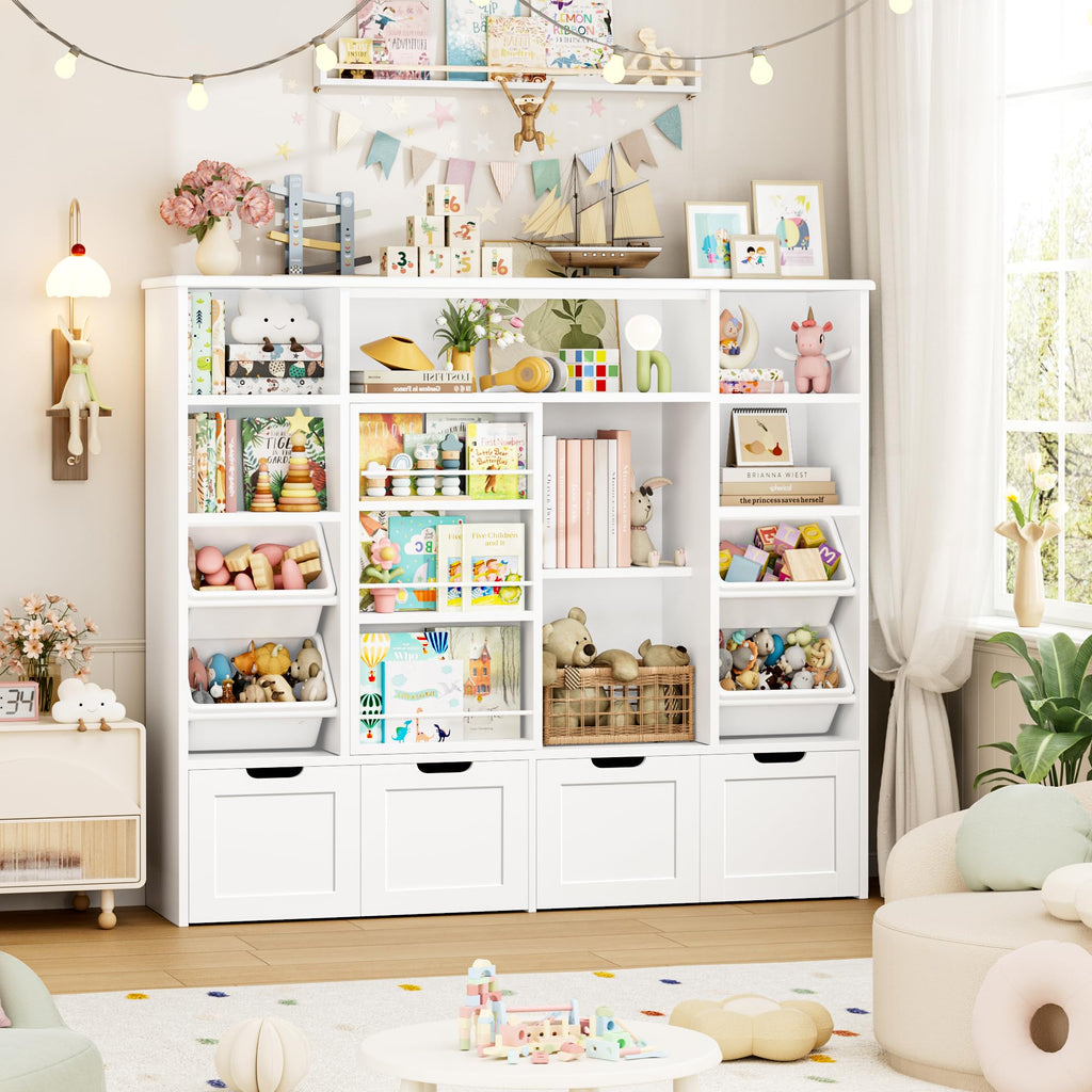 Toy Storage with Sliding Bookshelf, Toy Organizer with 4 Bins