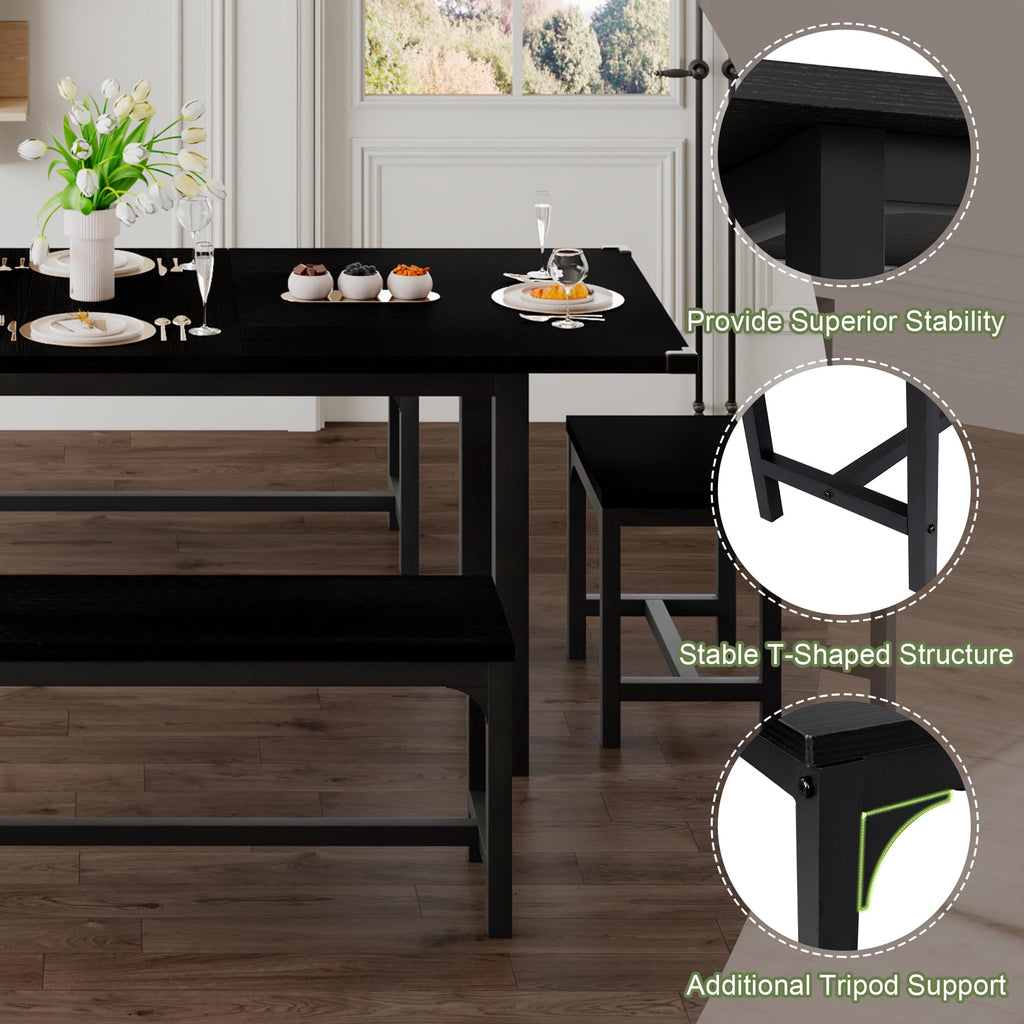 5-Piece Dining Table Set for 4-8 People, 63" Large Extendable Kitchen Table Set with 2 Benches and 2 Square Stools