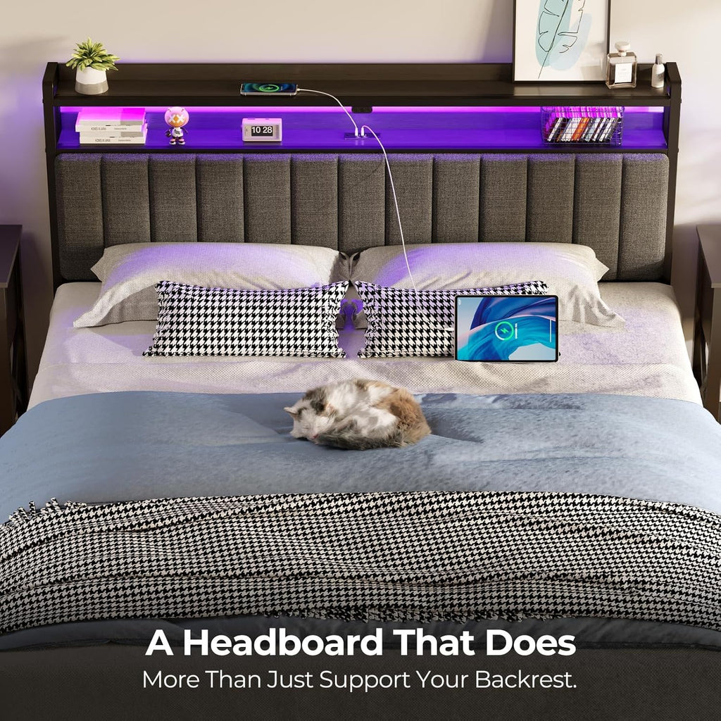 Headboard for King Bed with Storage, 60,000 DIY Color of LED Light, Head Board with USB & Type C Port