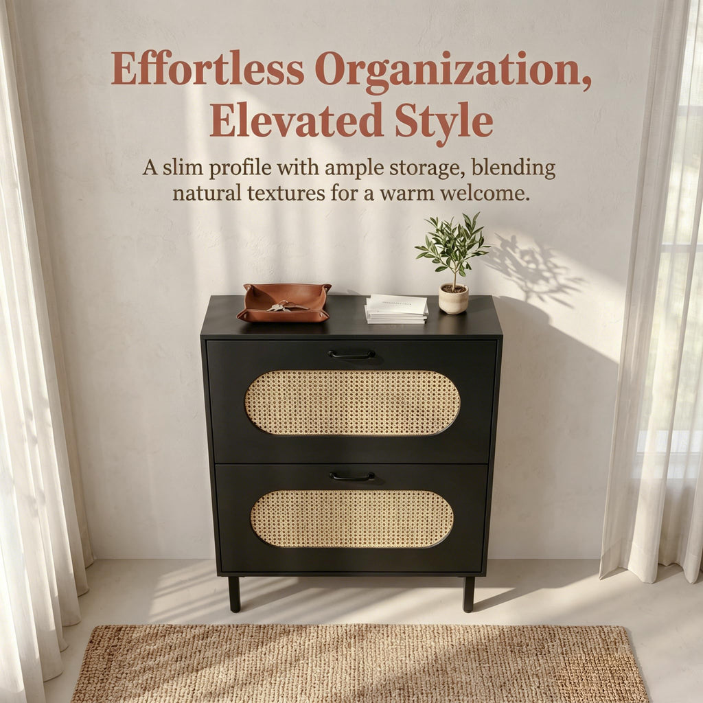 Shoe Storage Cabinet with 2 Flip Drawers, Freestanding Narrow Shoe Rack Organizer, Natural Semi-Circular Rattan