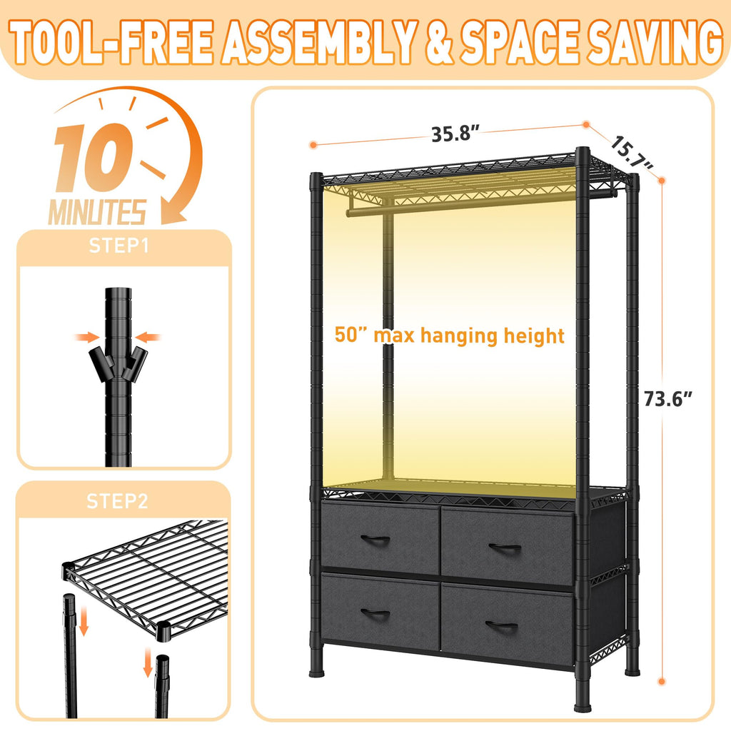 Clothes Rack, Heavy Duty Portable Closet with 4 Drawers 4 Shelves