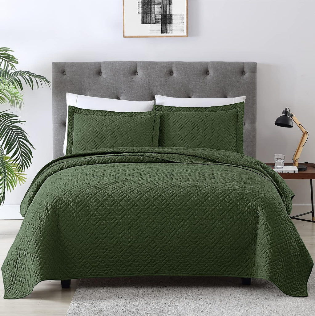 Quilt Set Full Quilts Queen Olive Green 3 Piece,Lightweight Soft Coverlet Modern Style Squares Pattern Bedspread