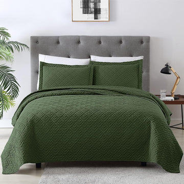 Quilt Set Full Quilts Queen Olive Green 3 Piece,Lightweight Soft Coverlet Modern Style Squares Pattern Bedspread