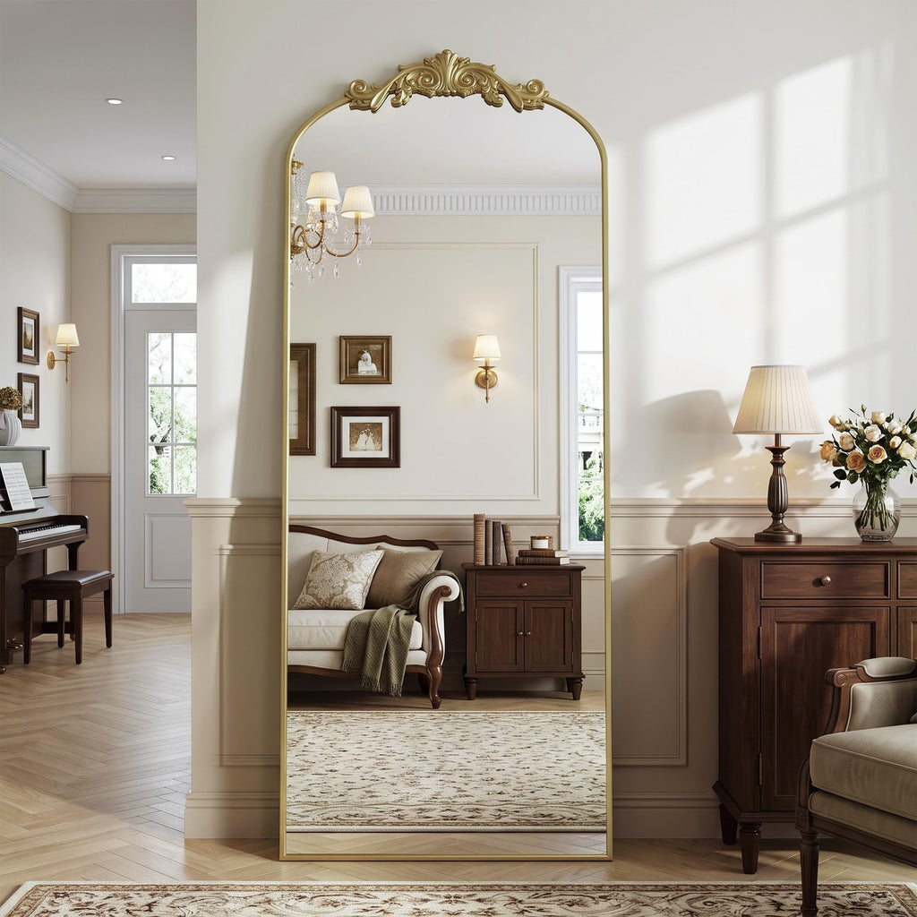 Arched Full Length Mirror, 71"x28" Floor Mirror with Carved, Gold