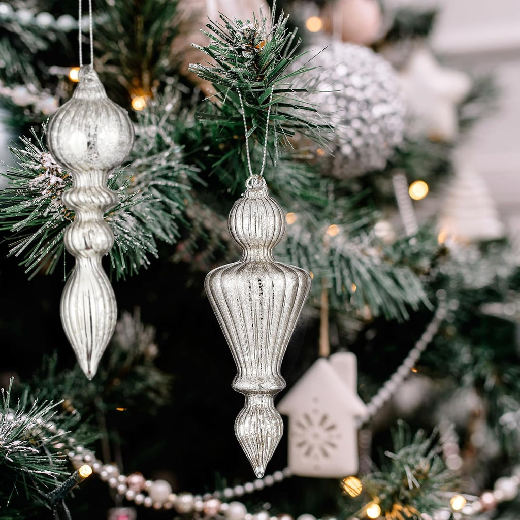 Inch Mercury Glass Finial Christmas Ornaments, Silver - Set of 8