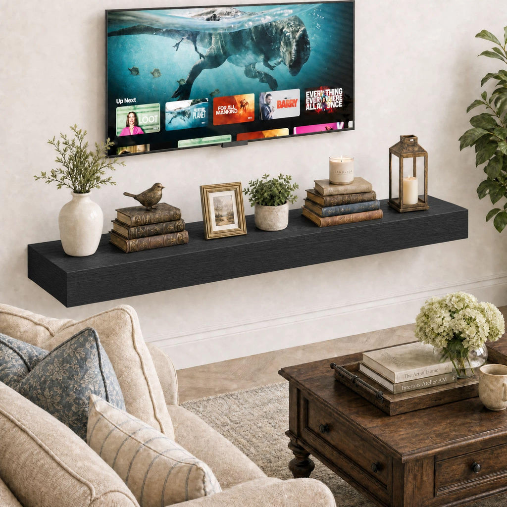 Fireplace Mantel Shelves 60 Inch Solid Wood Wall Mounted Long Floating Shelf Hollow, Black