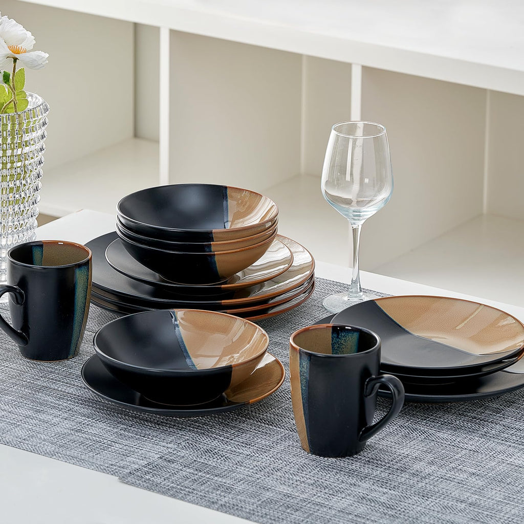 Beston Stoneware Dinnerware Sets Service for 4, 16 pcs Reactive Glaze Plates and Bowls Sets, Handmade Ceramic Dish