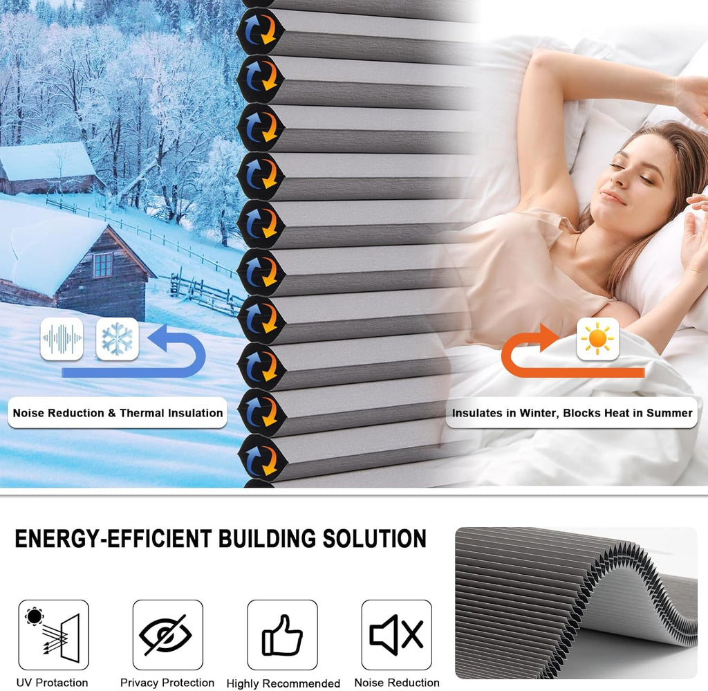 No Drill Cellular Shades for Indoor Windows, Thermal Insulating & Noise Reducing Honeycomb Blinds, Free Stop Cordless