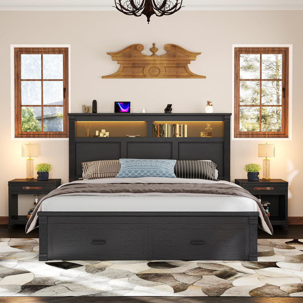 Farmhouse 53" Tall Bed Frame, Headboard& 2 Storage Drawers, Black