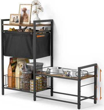 Elevated Dog Bowl Stand with Toy Bin Basket, 4 Height Adjustable Raised Feeding Station Cabinet, Lifted Food