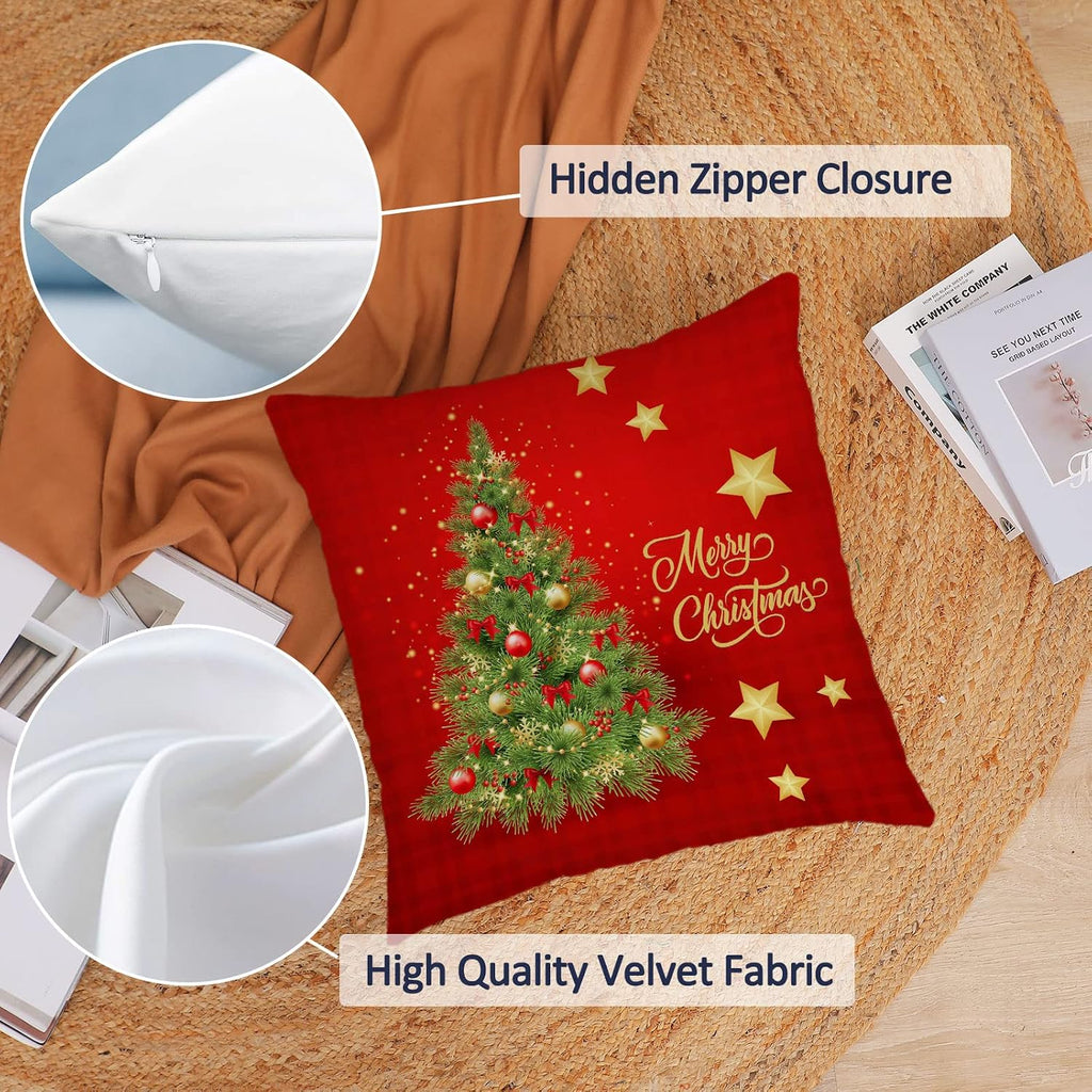 Merry Christmas Pillow Covers 18x18 Velvet Christmas Pillow Cases Red Green Xmas Winter Holiday Throw Pillow - Set of 4