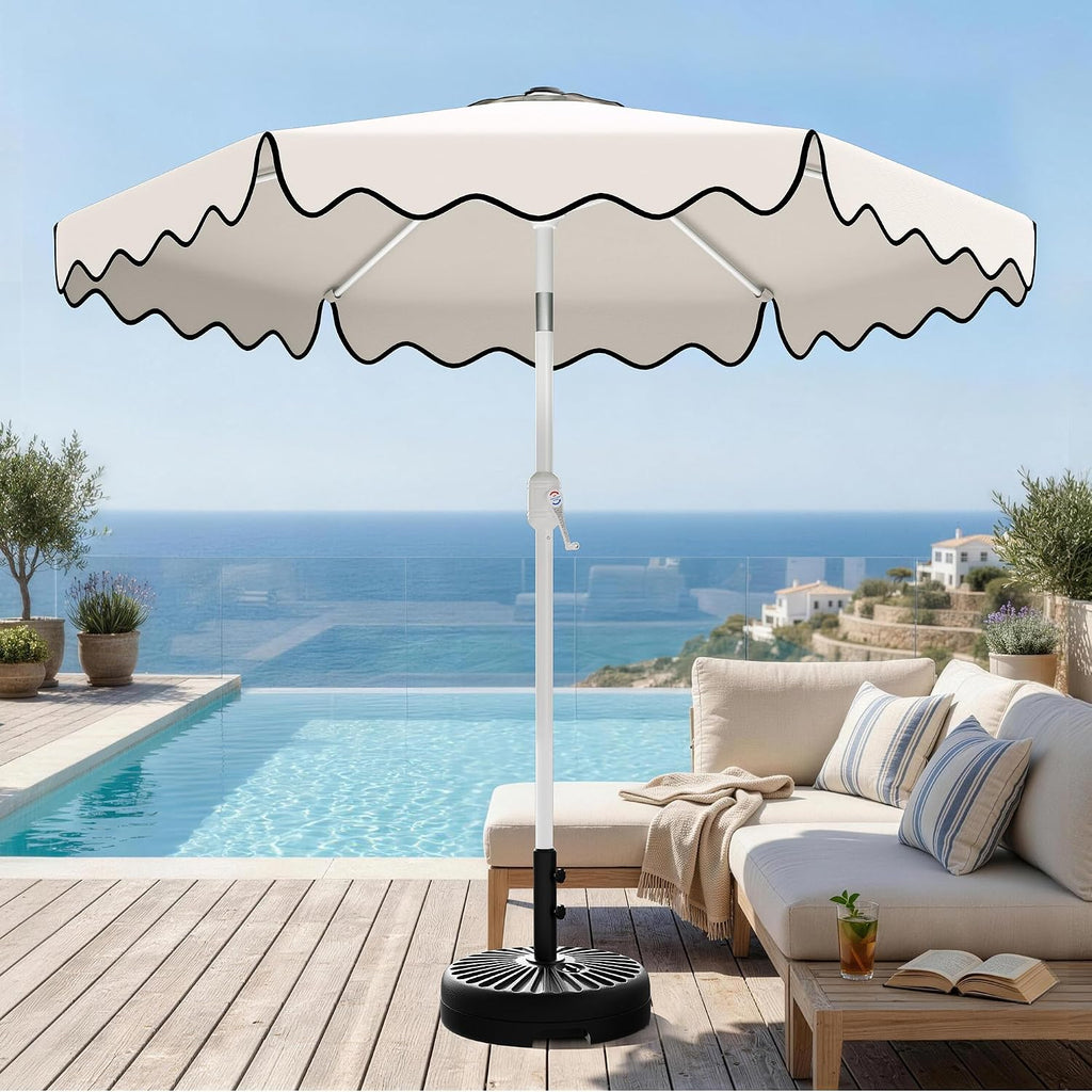 Patio Umbrella with Wavy Trim, UV-Fade-Resistant Canopy, Crank & Tilt - White 9ft