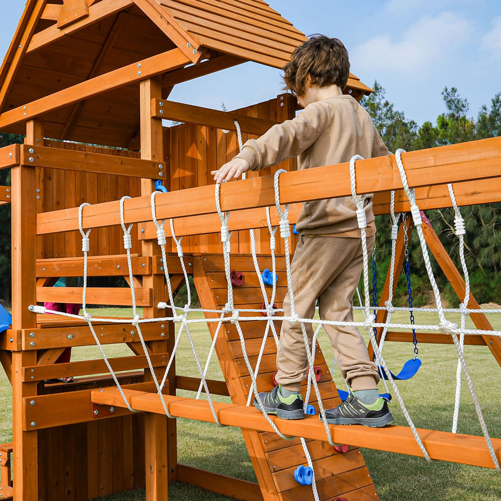 Playground Wooden Swing Sets for Backyard with Playhouse Monkey Bar