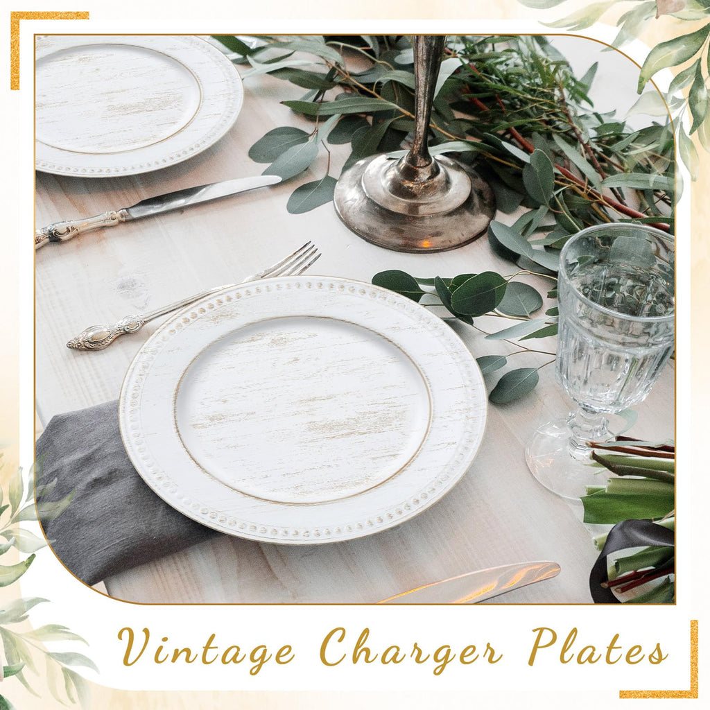 12 Pcs 13" Vintage White Charger Plates Round Beaded Chargers Bulk for Dinner Plates Serving for 12 Guest for Antique