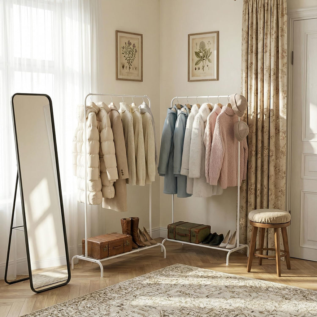 Small White Clothing Rack 2 Pack, Garment Rack No Wheels, Free Standing Clothes Rack with Bottom Shelf for Hanging