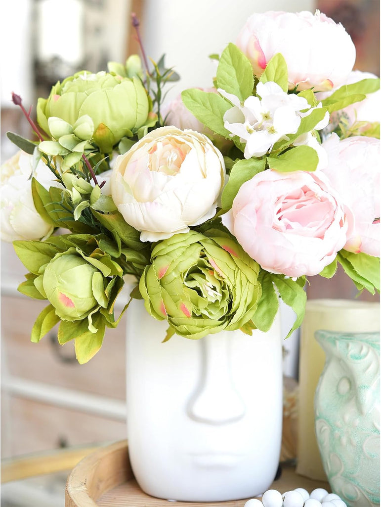 Cream Beige & Moss Green Artificial Peony Bouquet - Set of 2