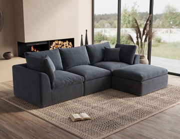 110 Inch Cloud Sectional Couches, Convertible L Shaped Couch with Ottoman, 3 Seater Modular Sectional Sofa, Grey