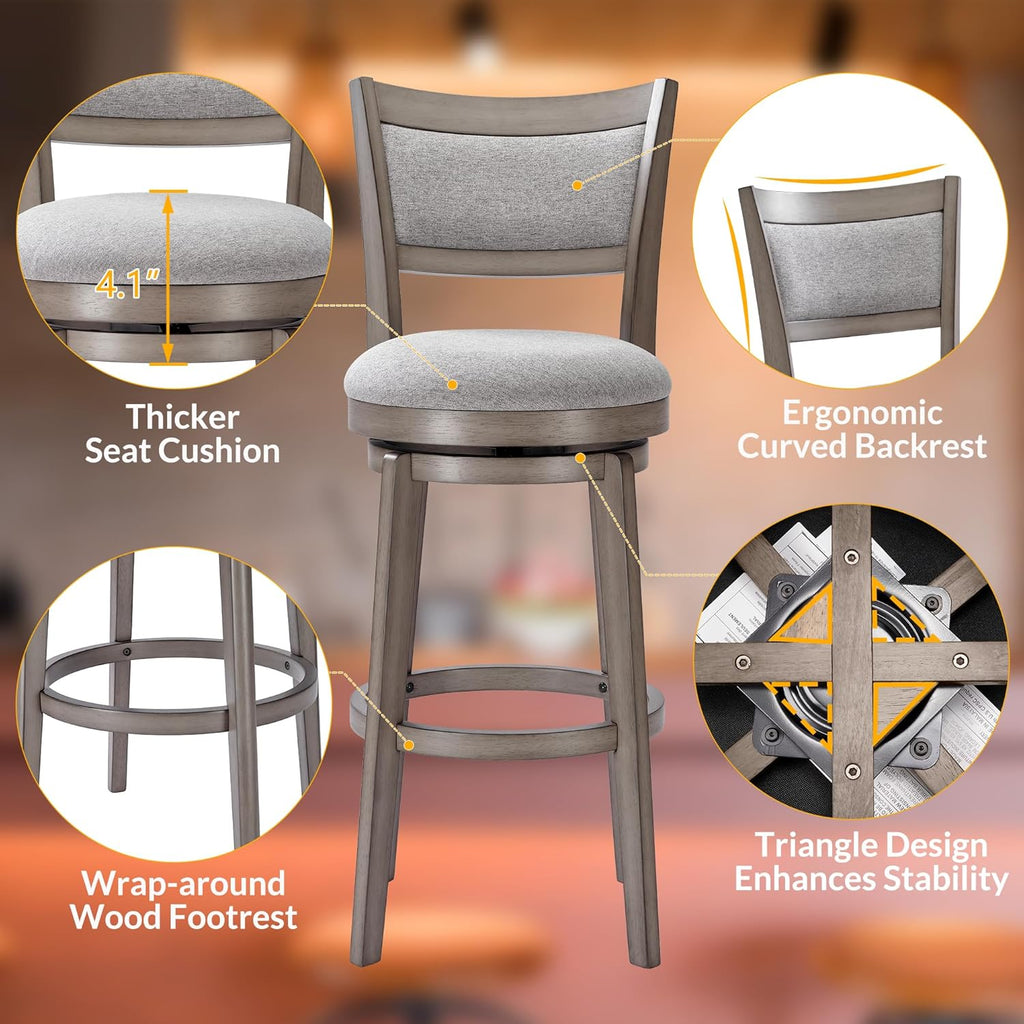 Swivel Bar Stools Set of 2, 30 Inch Bar Height Barstools, High Back Bar Stool with Solid Wood Legs & Wrap-Around