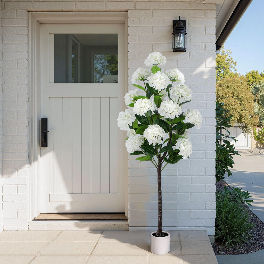 6 FT Artificial Hydrangea Tree- Large Faux Hydrangea Plants Indoor Outdoor, Fake Flower Trees with White Tall Planter