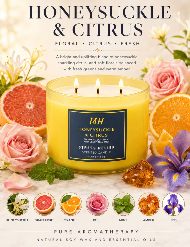 Honeysuckle Citrus Scented Soy Candle, Large 3-Wick Candle 15.8 oz