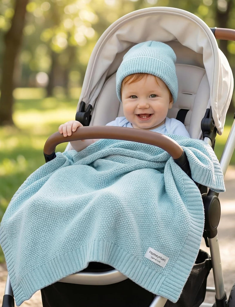 Newborn Baby Gift Set, Cotton Knit Blanket & Matching Beanie for Boys Girls