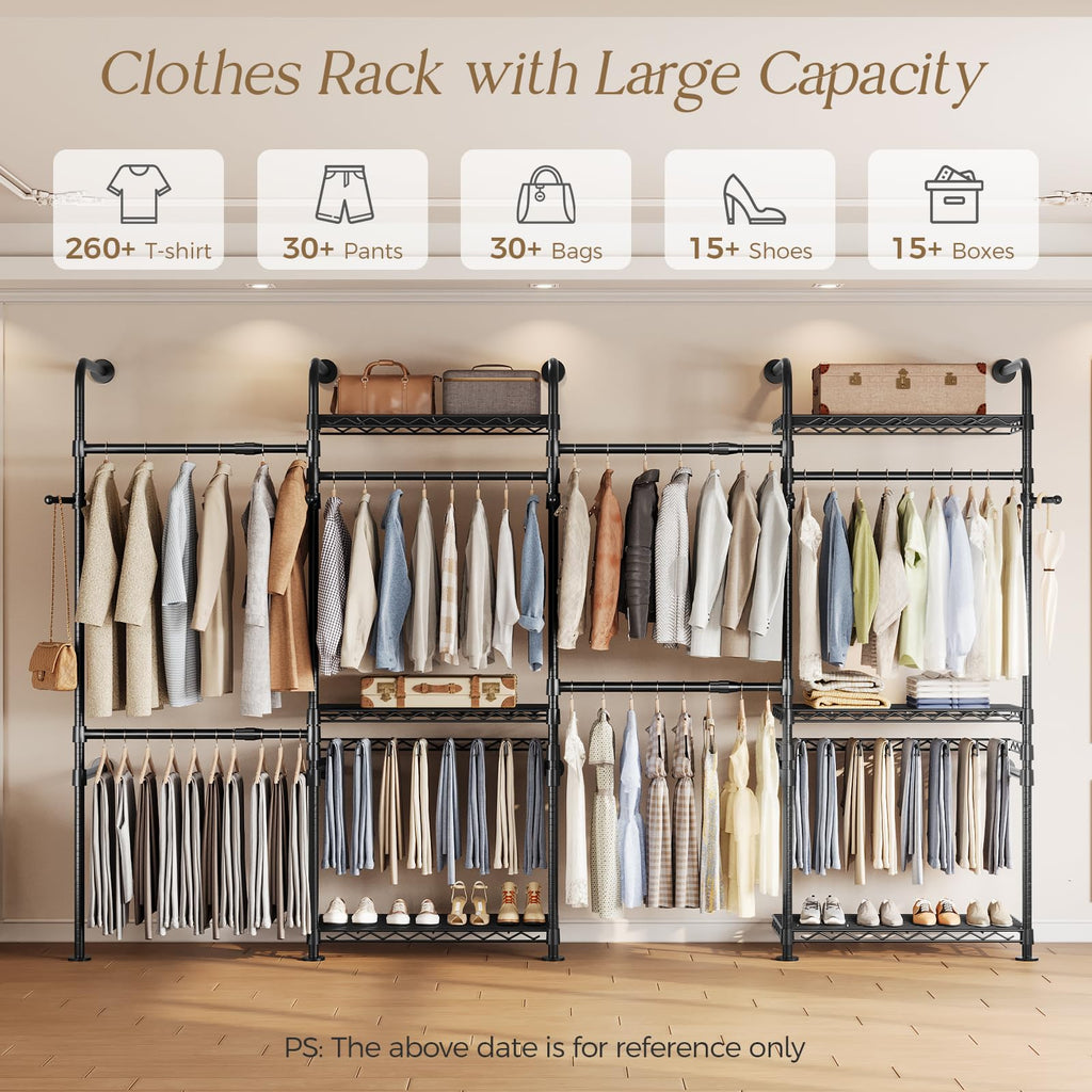 Closet Organizers Wall Mounted Closet System, 4-Row Heavy Duty Garment Clothes Rack, Industrial Pipe Clothing Rack
