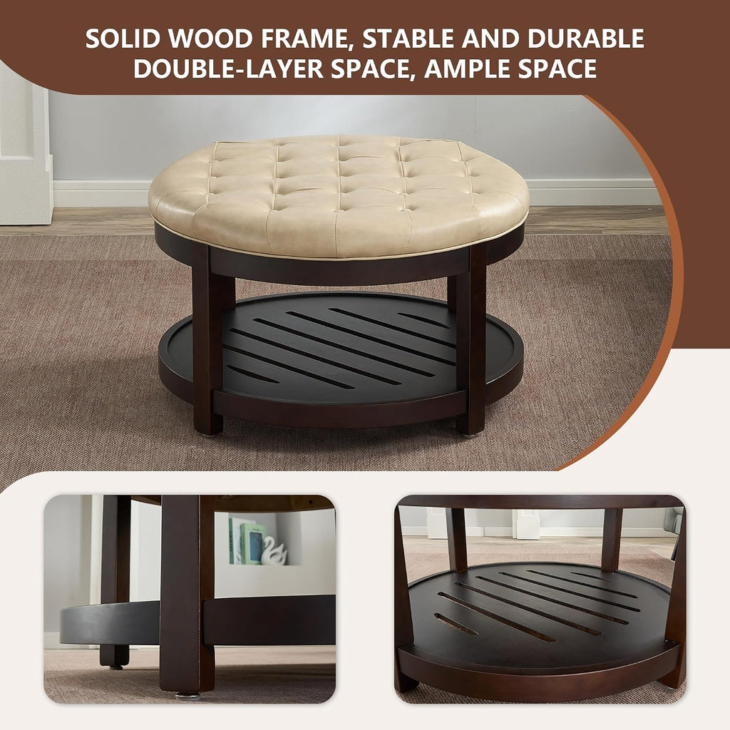 Round Coffee Tables ,33'' Storage Ottoman with Wooden Tray, Upholstered Ottoman Footrest, Ivory