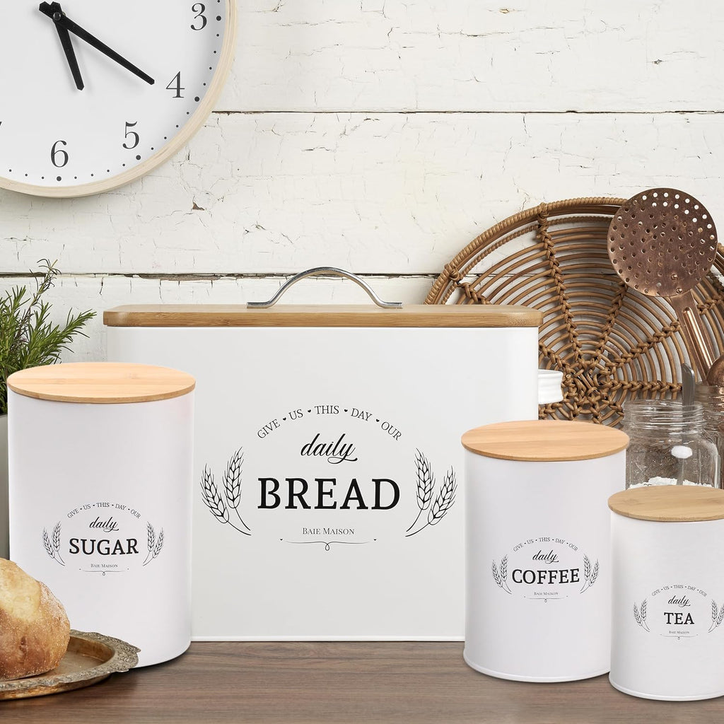 Extra Large White Farmhouse Bread Box Countertop - Bread Storage with Matching Large Kitchen Canisters - Set of 3