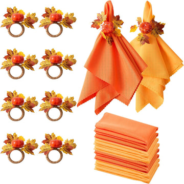 Fall Thanksgiving Decorations, Fall Cloth Napkins & Napkin Rings - Set of 16