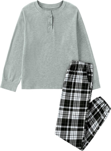 Boys Pajamas Plaid Pants Long Sleeve Henley 2 Piece Set Kids Sleepwear PJs Soft Loungewear for Boys