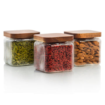Ribbed Glass Square Jar with Wooden Lid 25fl.oz - Set of 3 | Airtight Fluted Storage Canister for Food, Pasta