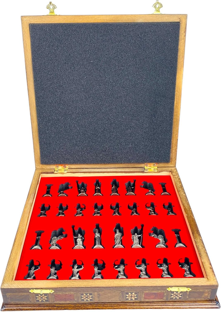 Luxury Greek Mythology Themed Chess Set- 12 inch Handmade Mosaic Chessboard with Storage- Ancient Greek Gods Inspired
