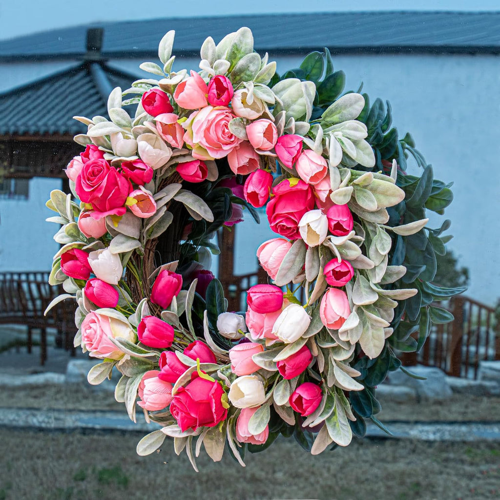 20 Inches Farmhouse Valentines Wreath Modern Valentine Flower Wreath Rocco Valentines Day Door Wreaths with Red Pink