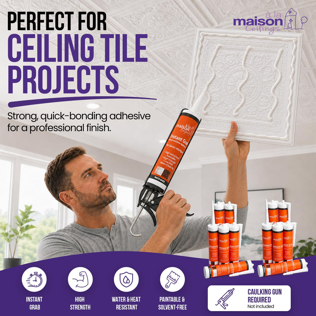 Instant Grab - Ceiling Tile Wall Panel & Crown Molding Adhesive - High-Strength Water-Resistant Glue for