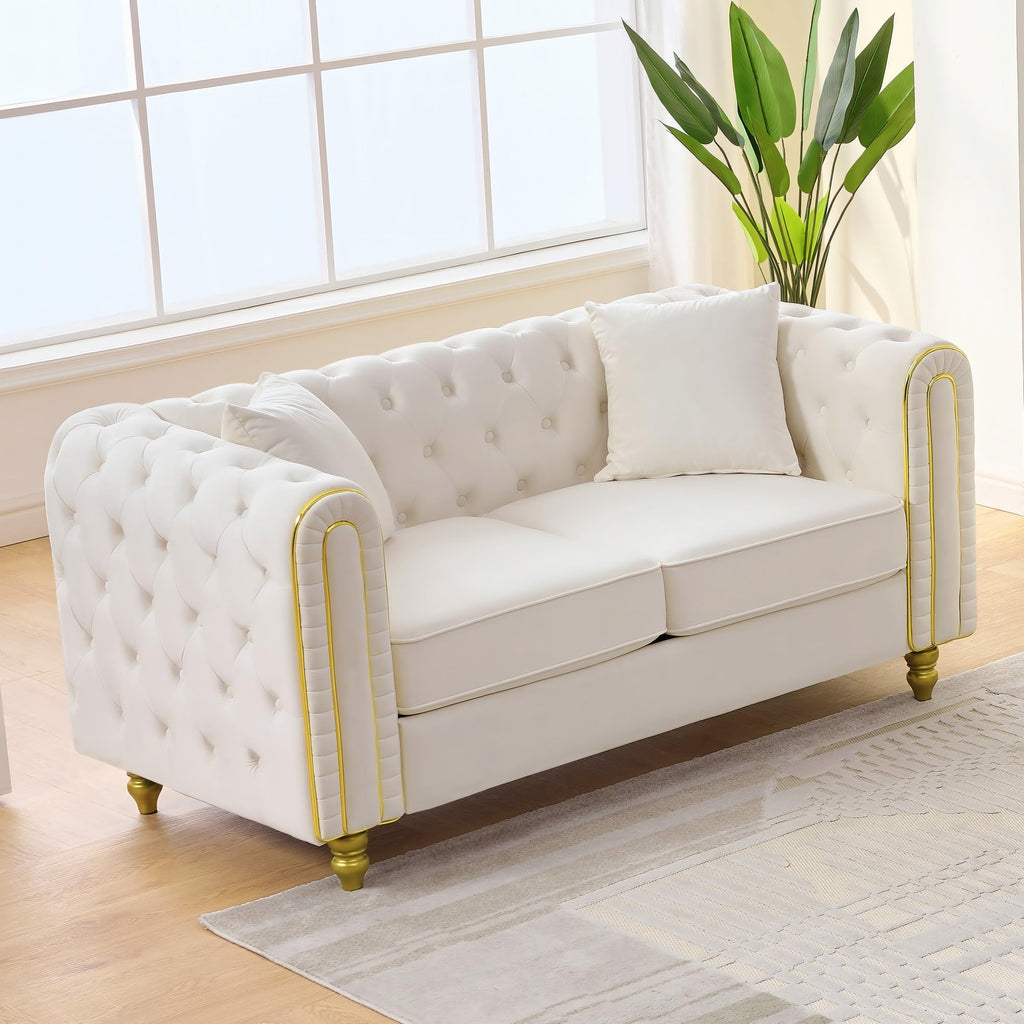 Chesterfield Button Tufted Sofa Set of 2, Modern Deep Seat Loveseat + 3 Seater Couch with Golden Legs, Upholstered