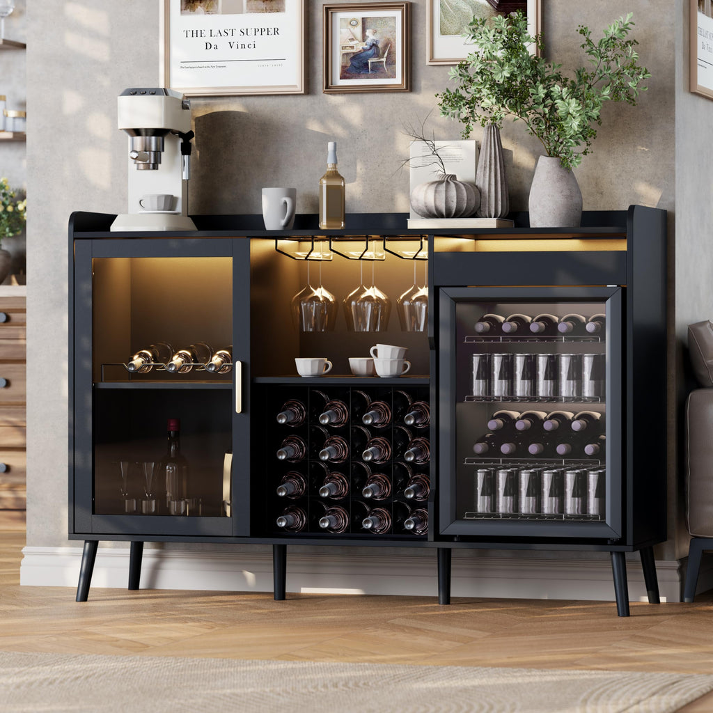 Coffee Bar Cabinet with Fridge Space, Black Wine Cabinets with Power Outlet