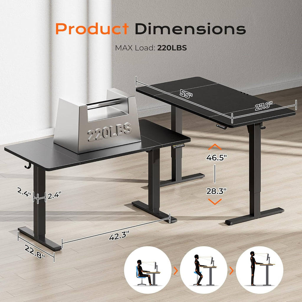 55 x 28 Large Electric Standing Desk, Height Adjustable Computer Desk, 27.6" Deep Desktop, Stand up Gaming Office