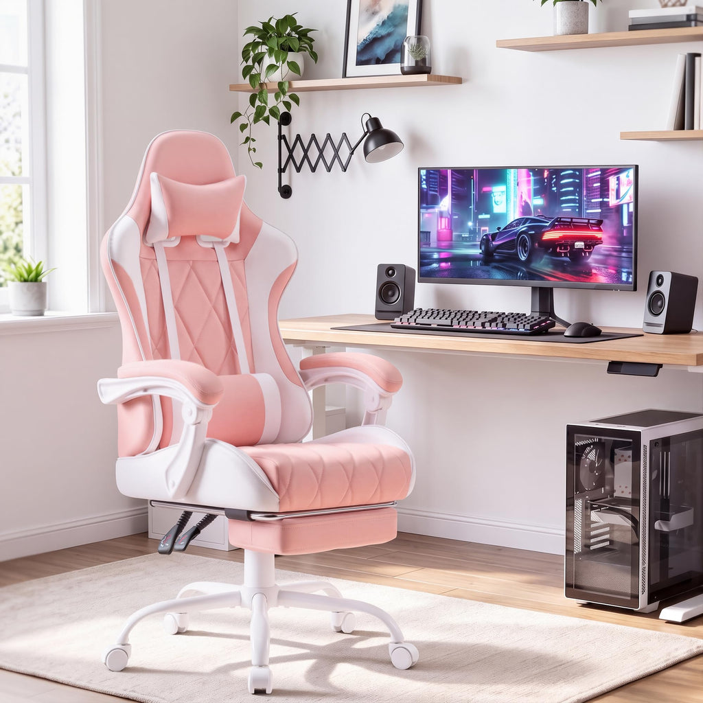 Ergonomic Gaming Chair Footrest & Massage Lumbar Support, Pink