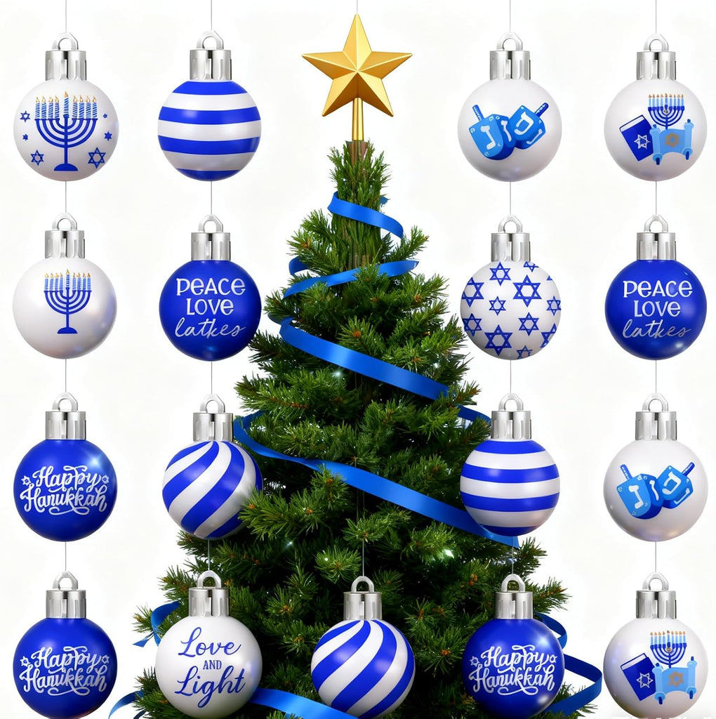 Happy Hanukkah Ornament for Tree Balls Star of David Hanging Ornaments 10 Styles Shatterproof Decorations - Set of 30