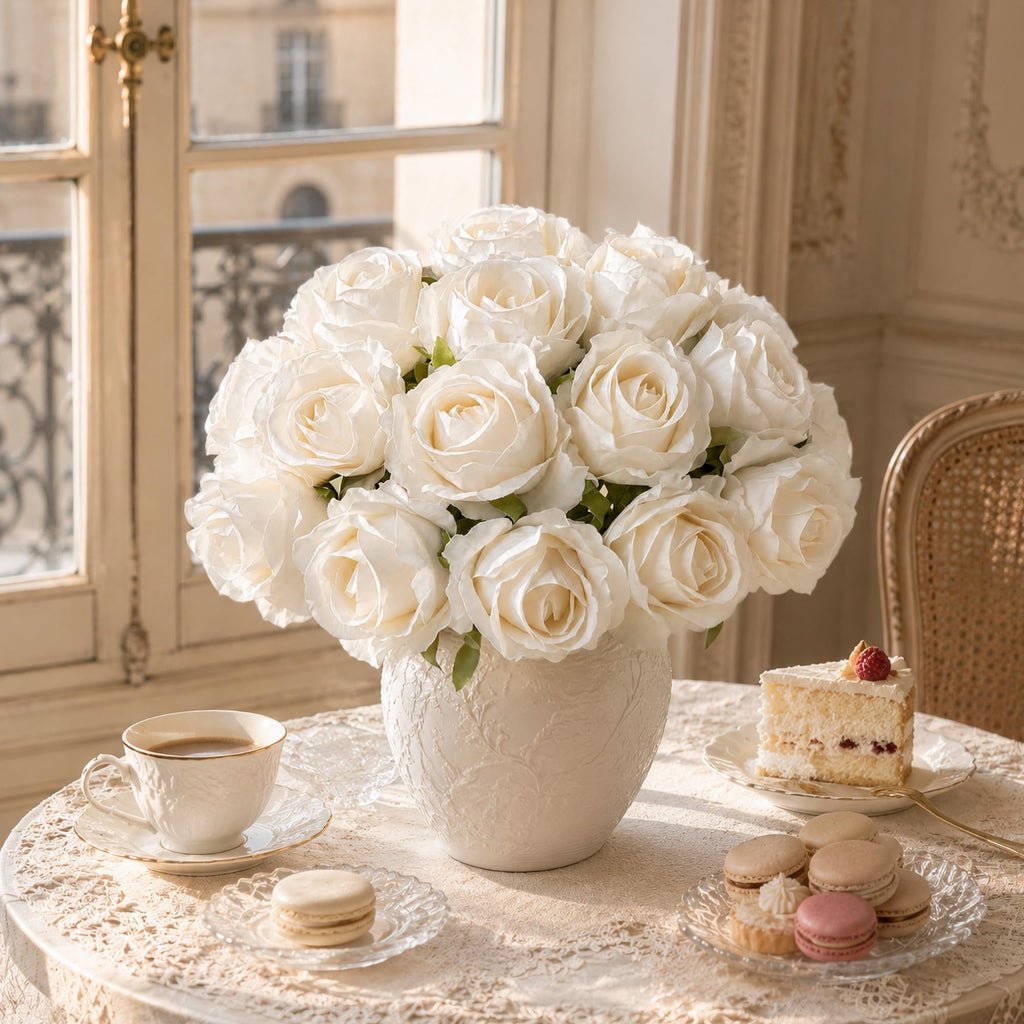 18pcs White Roses Artificial Flowers, Fake Roses Silk Flowers with Stems Realistic Bouquet for Wedding Party DIY