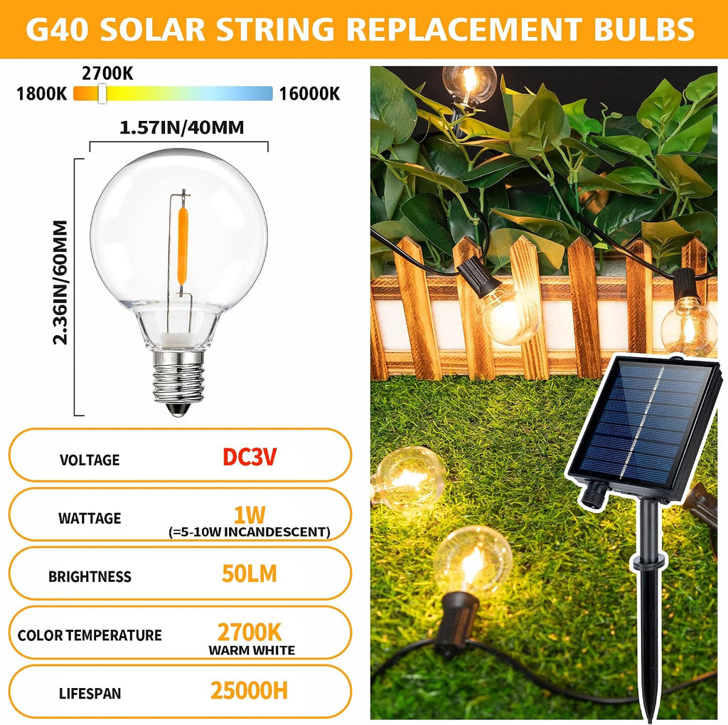 G40 LED Solar Replacement Bulbs,1W Equal to 5W,DC 3V E12 Screw Base Bulb