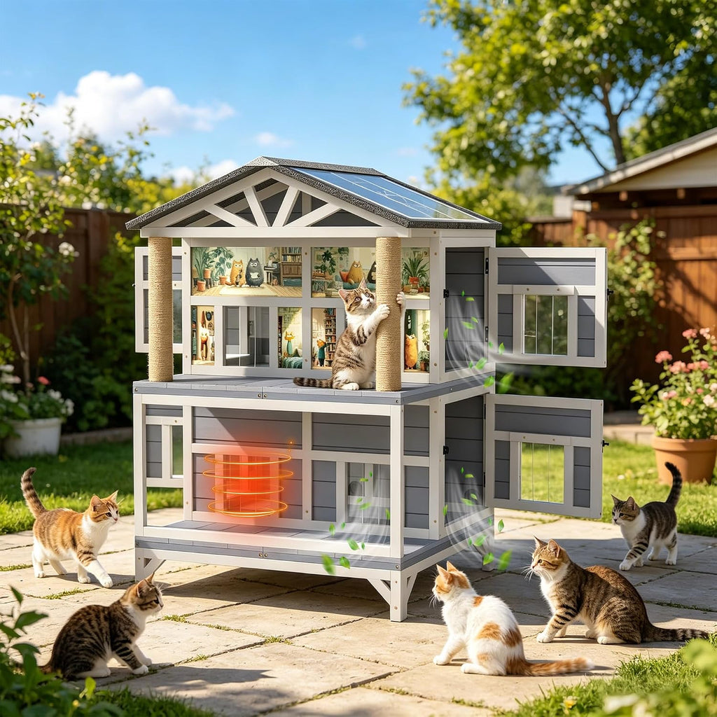 Double-Layer Feral Cat House, 50" Tall Weatherproof Outdoor Cat Shelter with 4 Sleeping Compartments, Asphalt Roof