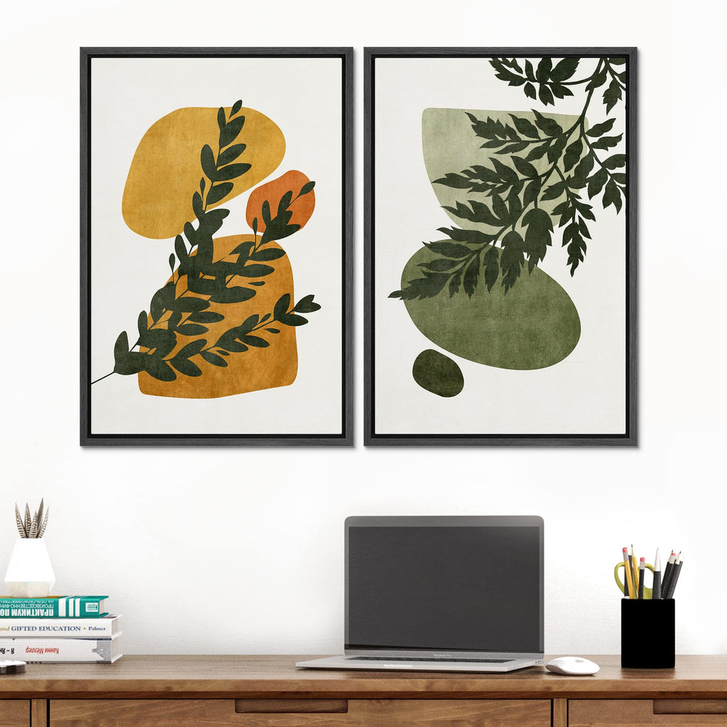 Framed Canvas Print Wall Art Set Mid-Century Forest Fern Leaf Collage Abstract Shapes Illustration Modern Art