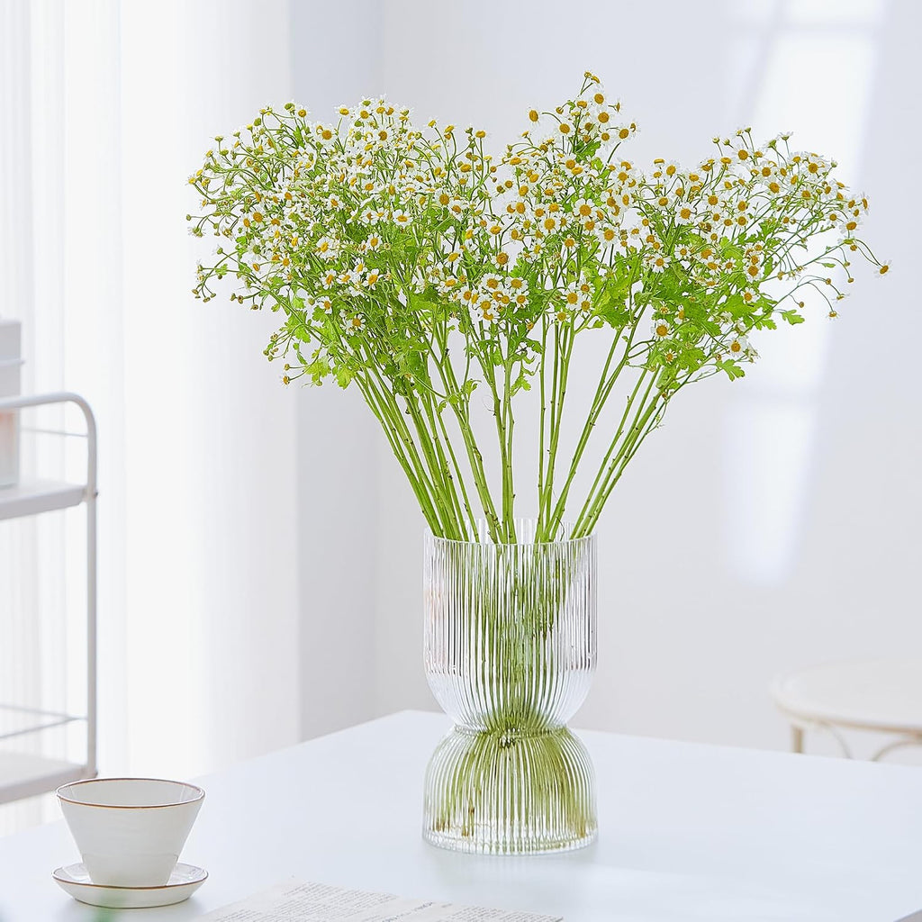 7.5 inch Vase for Flowers, Clear Ribbed Thickened Glass Vases, Hourglass Bud Flower Vase for Bookshelf, Dinner Table