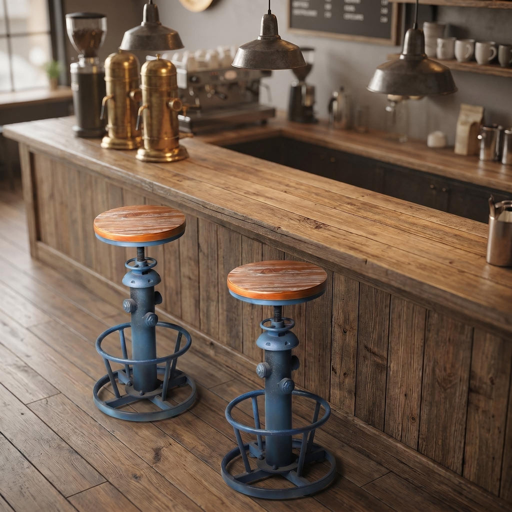Industrial Vintage Fire Hydrant Bar Stool, Height Adjustable Swivel Counter Stool with Solid Wood Seat, Distressed